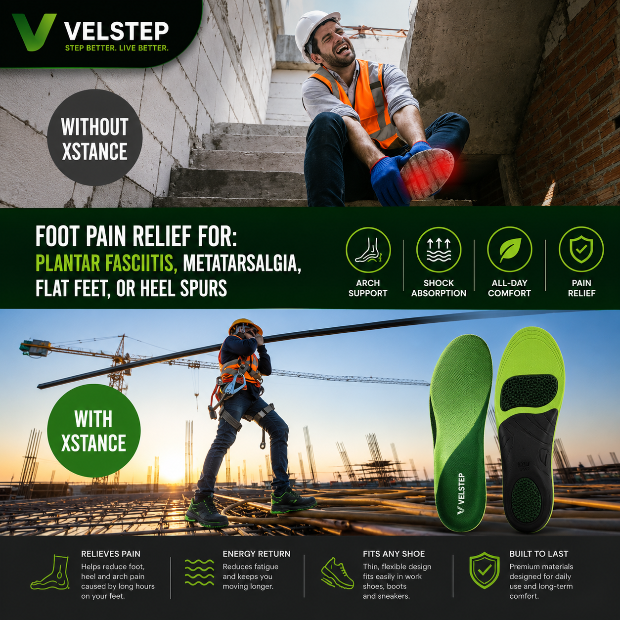 Velstep Arch Support Insoles | Orthopedic Insoles for Flat Feet & Plantar Fasciitis