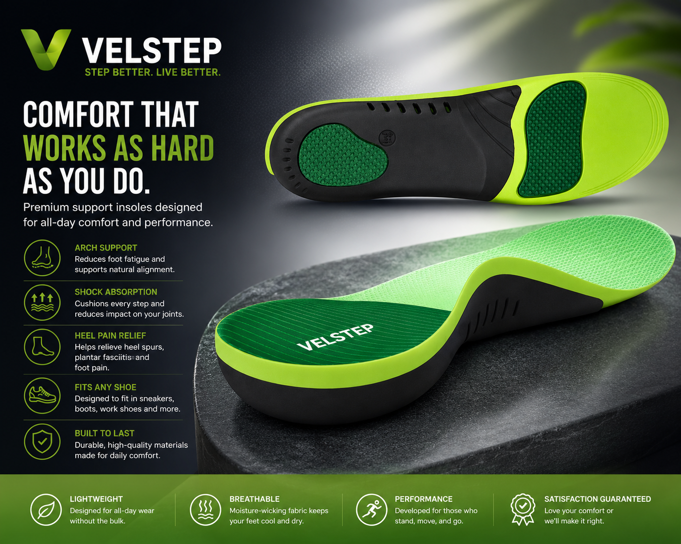 Velstep Arch Support Insoles | Orthopedic Insoles for Flat Feet & Plantar Fasciitis